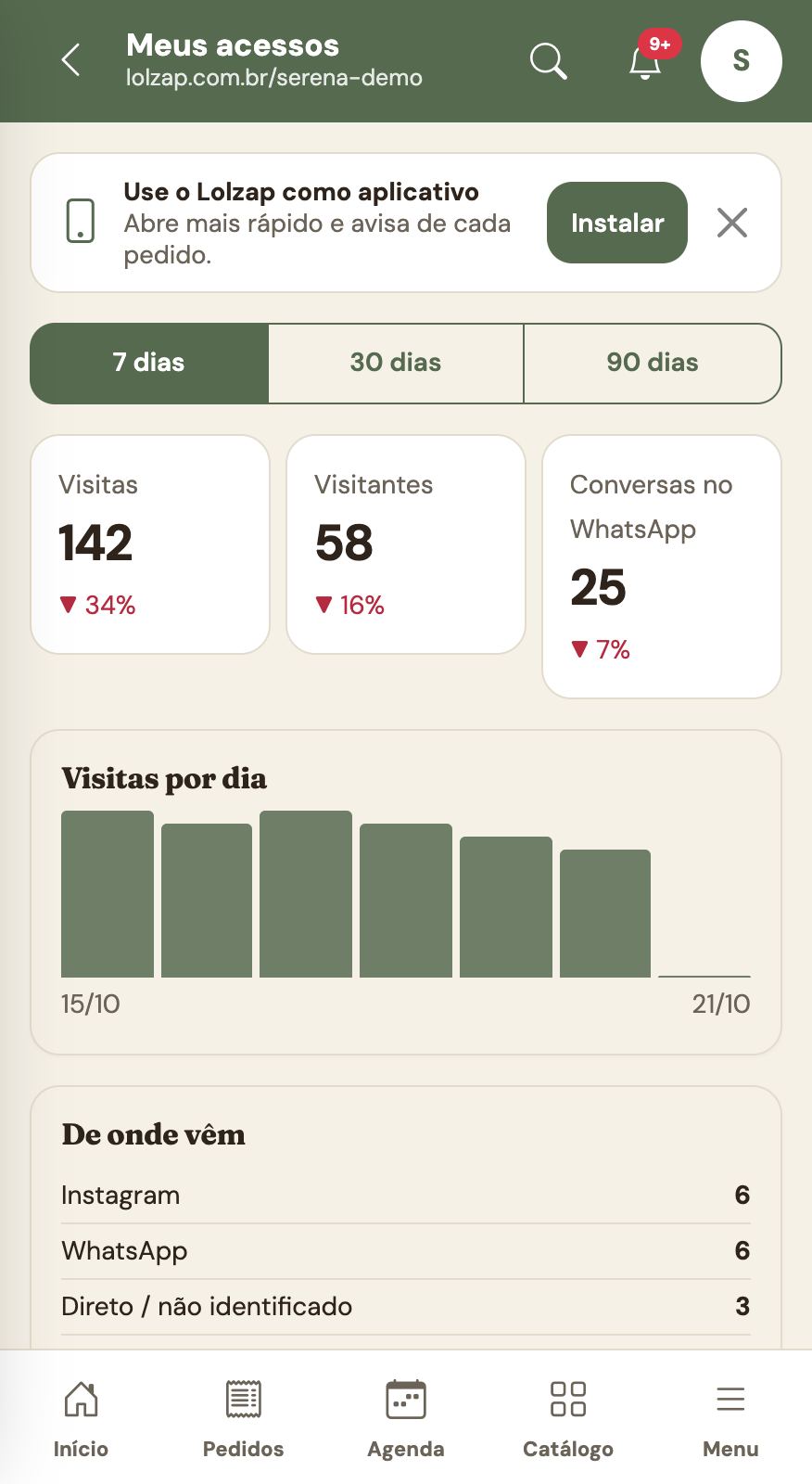 Meus acessos: visitas, visitantes e conversas.