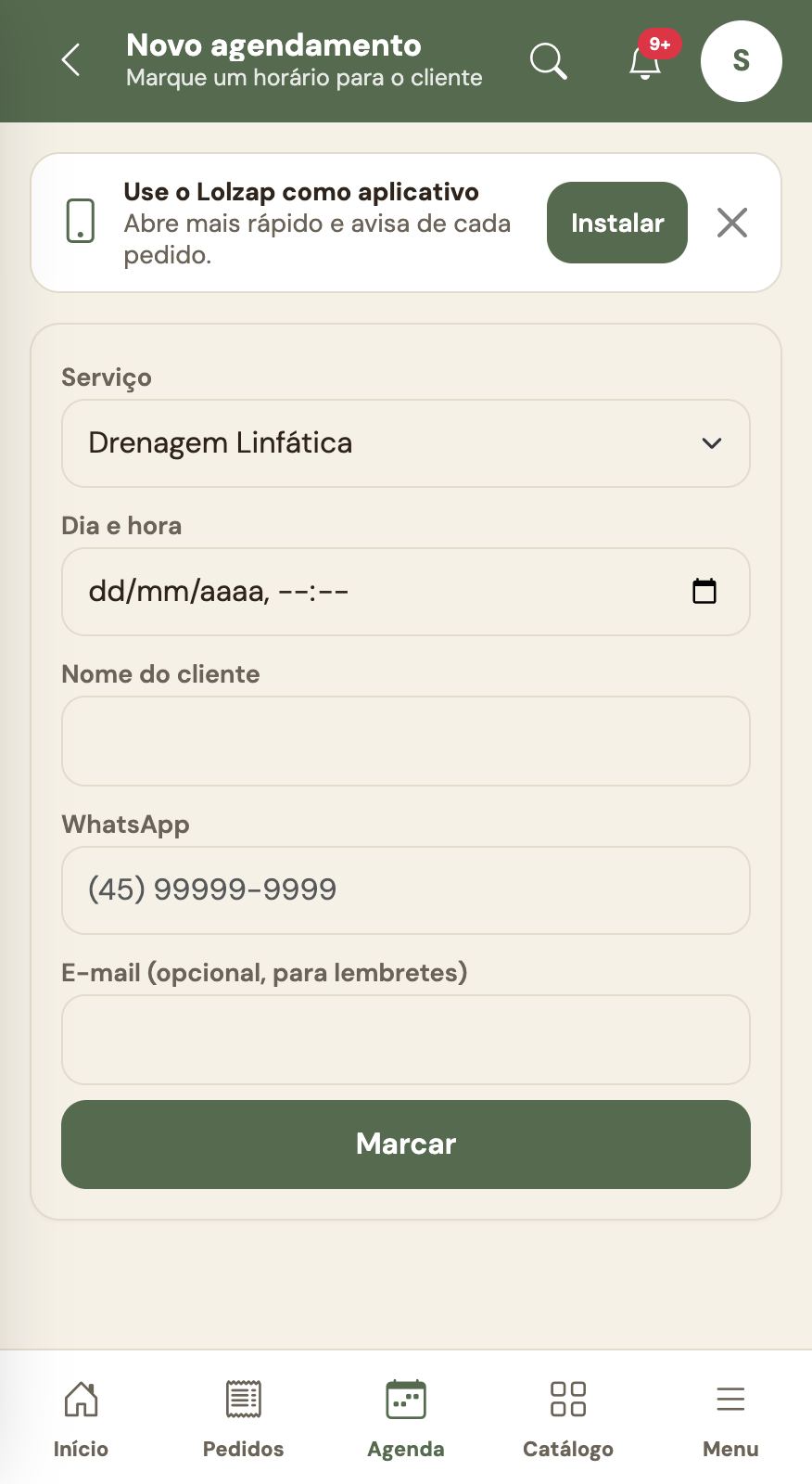 Novo agendamento: serviço, opções, dia e hora.
