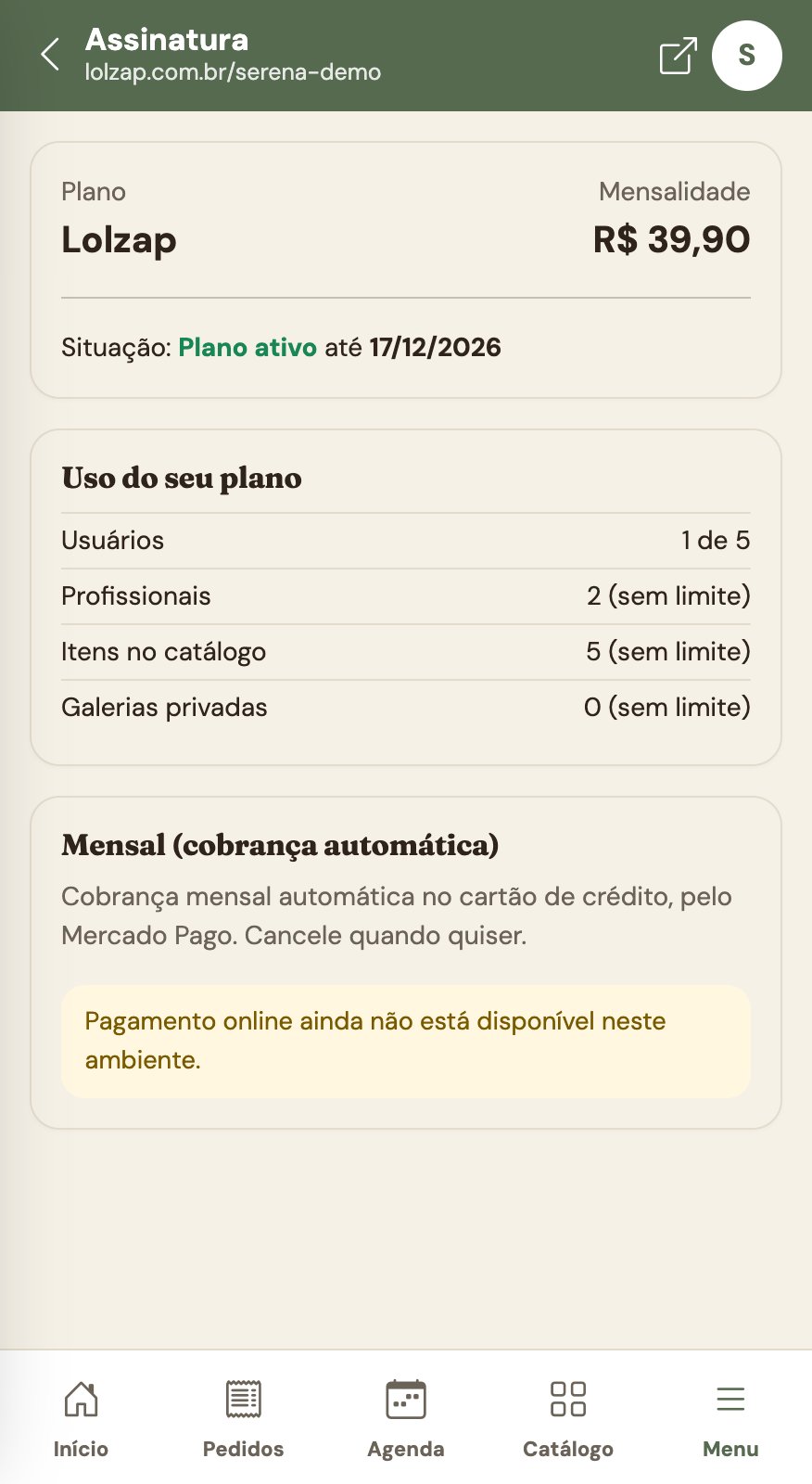 Assinatura: uso do seu plano.