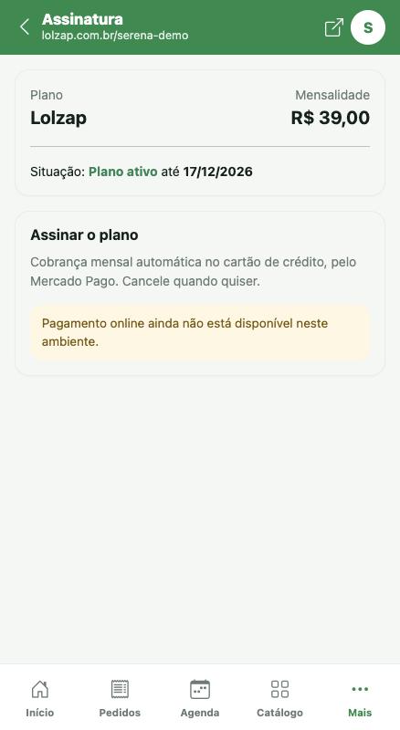 Tela Assinatura com plano, valor e validade.
