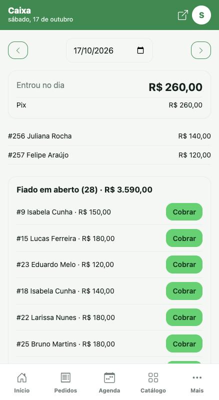 Caixa do dia, separado por forma de pagamento, e lista de fiado.