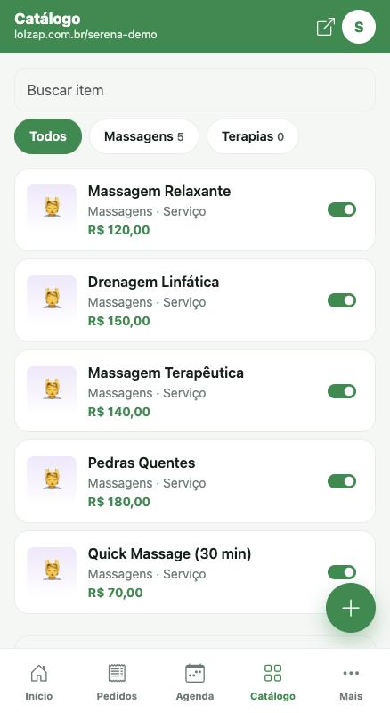Lista do catálogo. O botão verde com + cria um item novo.
