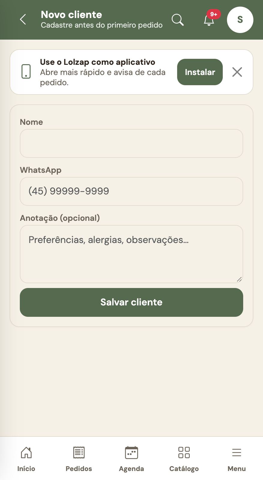 Novo cliente: nome, WhatsApp e anotação.