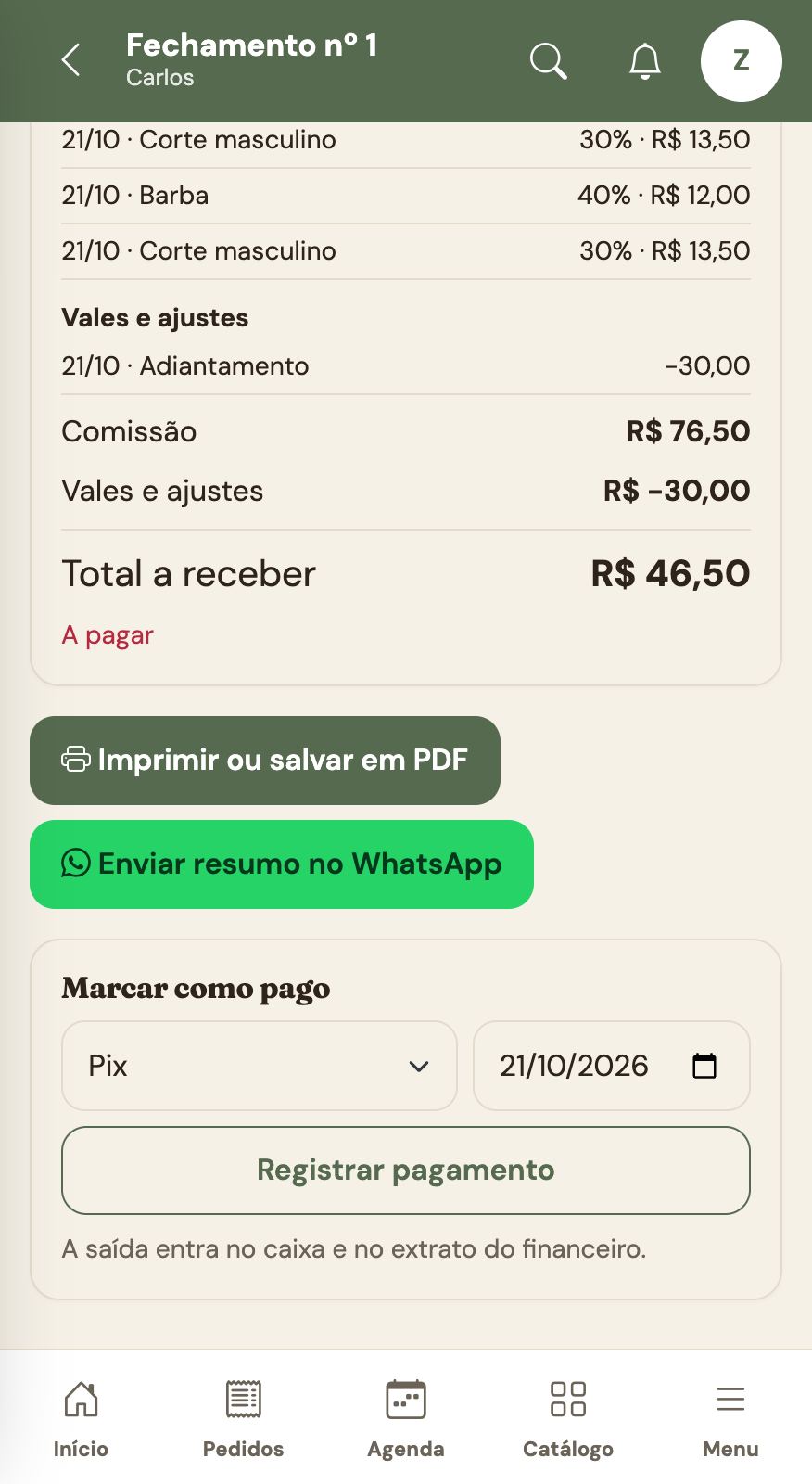 Recibo e pagamento.