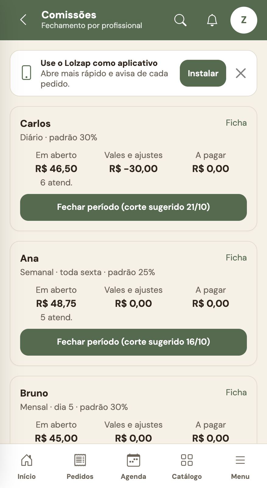 Comissões por profissional.