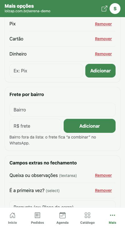Frete por bairro e campos extras.