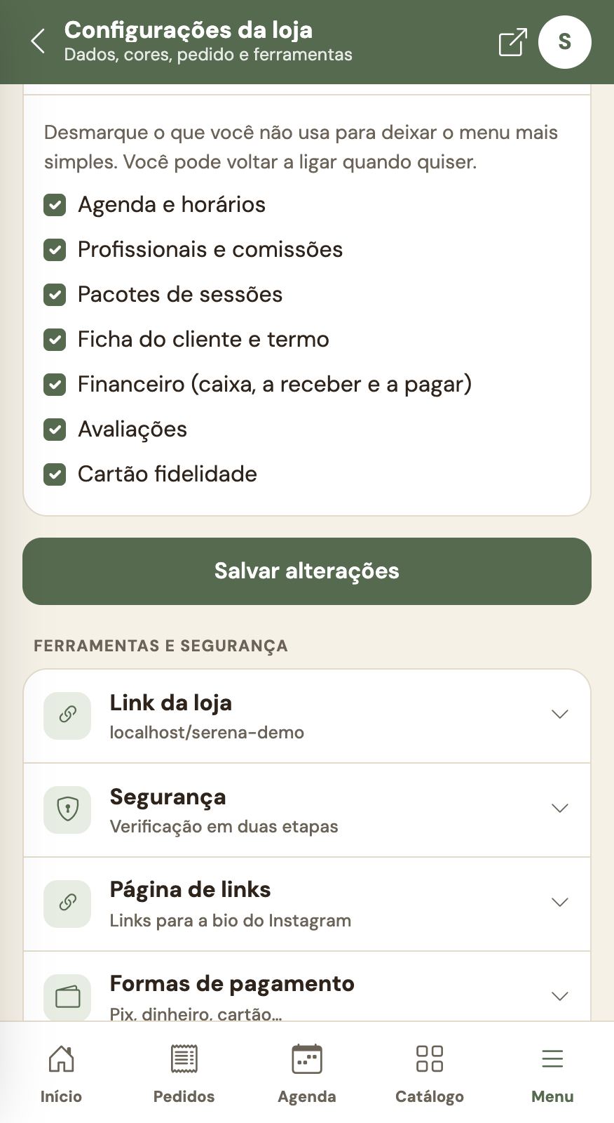 Itens do menu: desmarque o que você não usa.