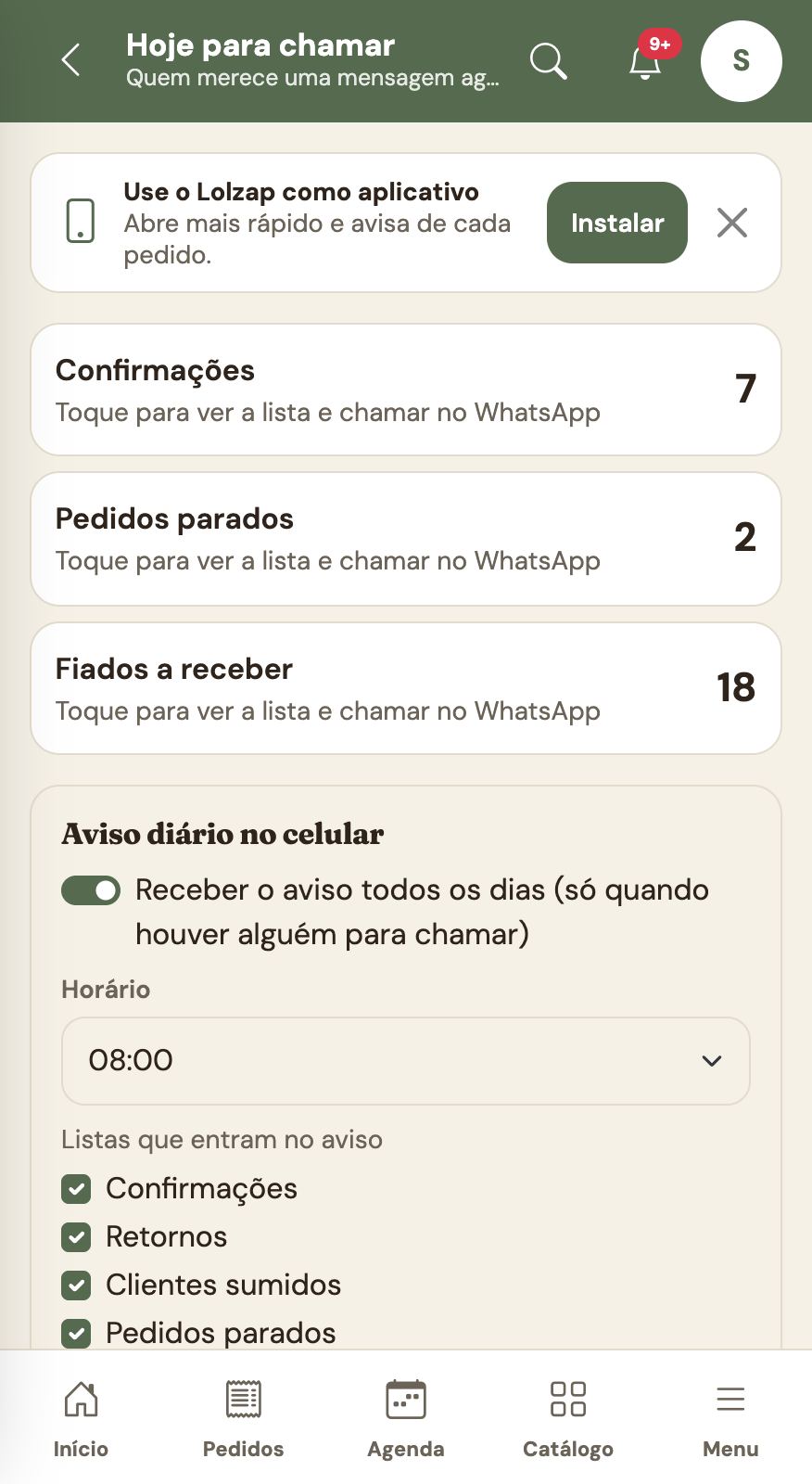 Hoje para chamar: contagens e aviso diário.