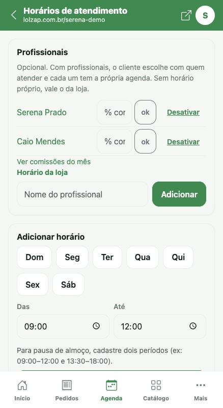 Tela Horários de atendimento.