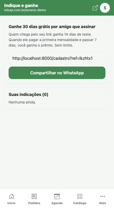 Seu link de indicação e a lista de indicações.