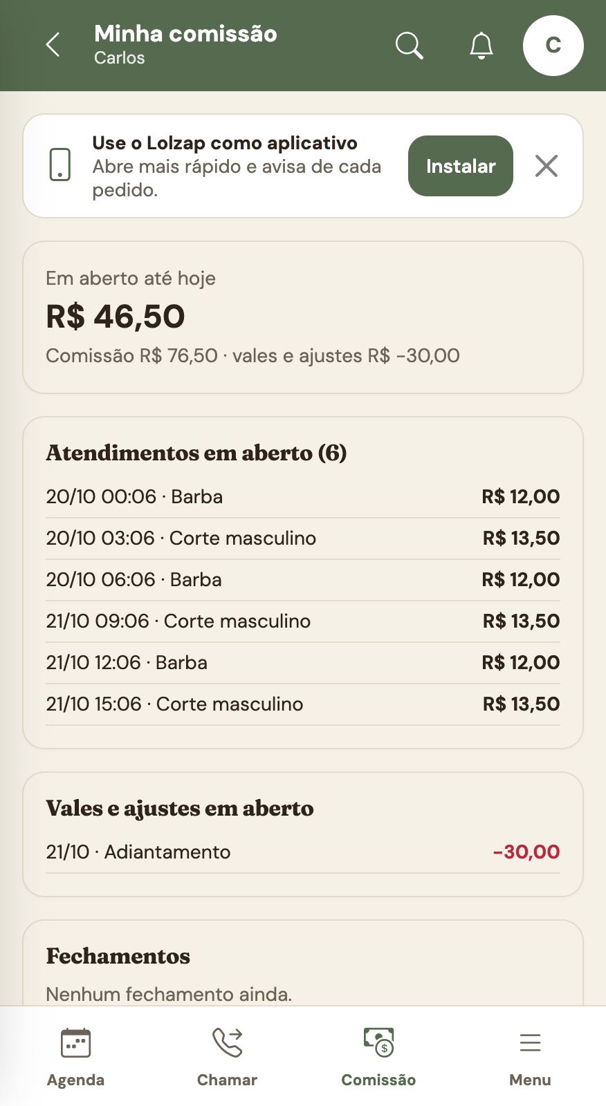 Login do profissional: Minha comissão.
