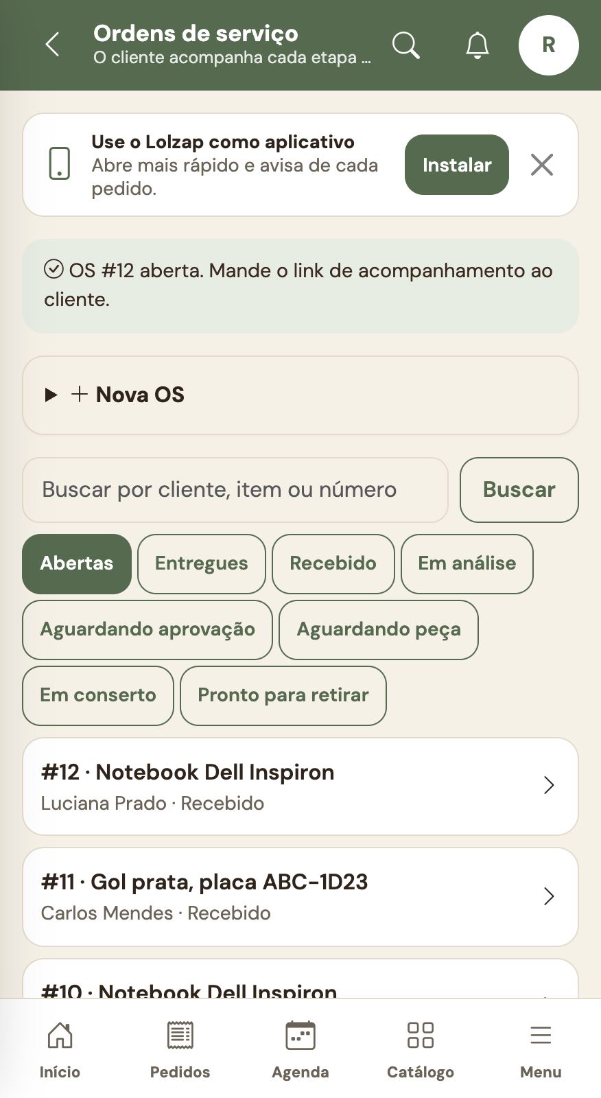 Lista de ordens de serviço.