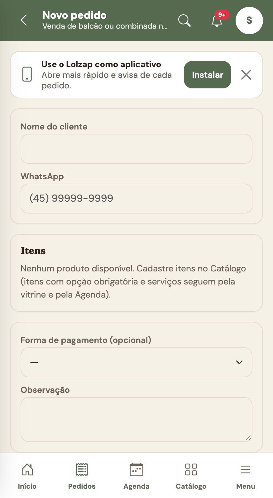 Novo pedido de balcão: cliente, itens e quantidades.