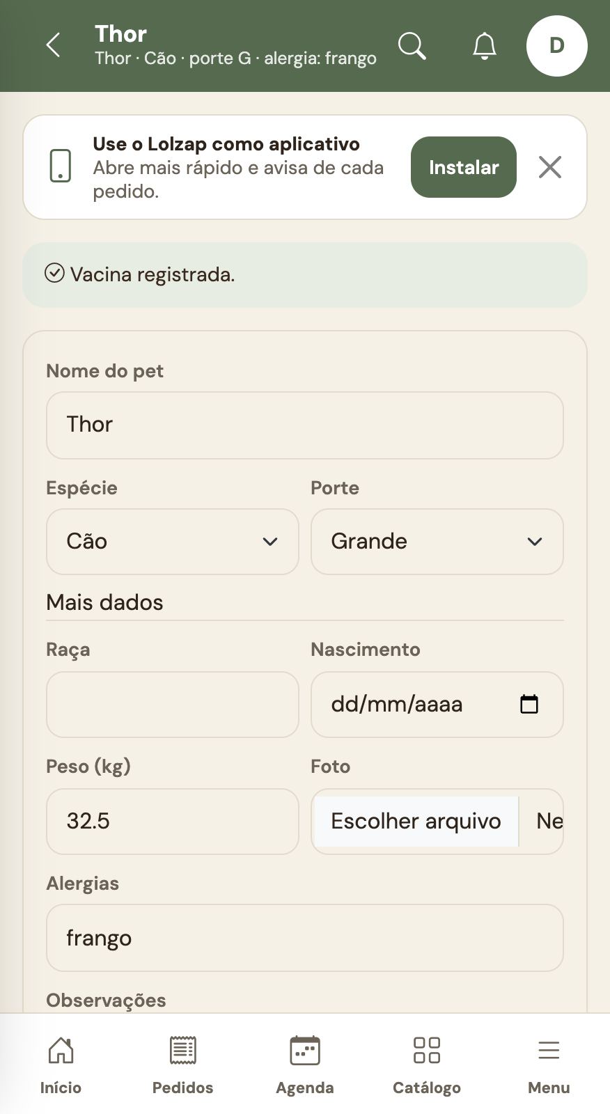 Ficha do pet.