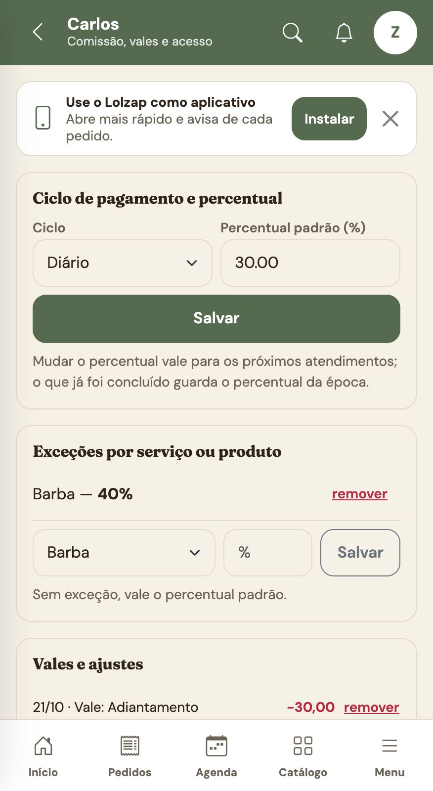 Ficha do profissional: ciclo, percentual e exceções.
