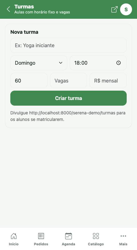 Turmas: aulas com horário fixo e vagas.